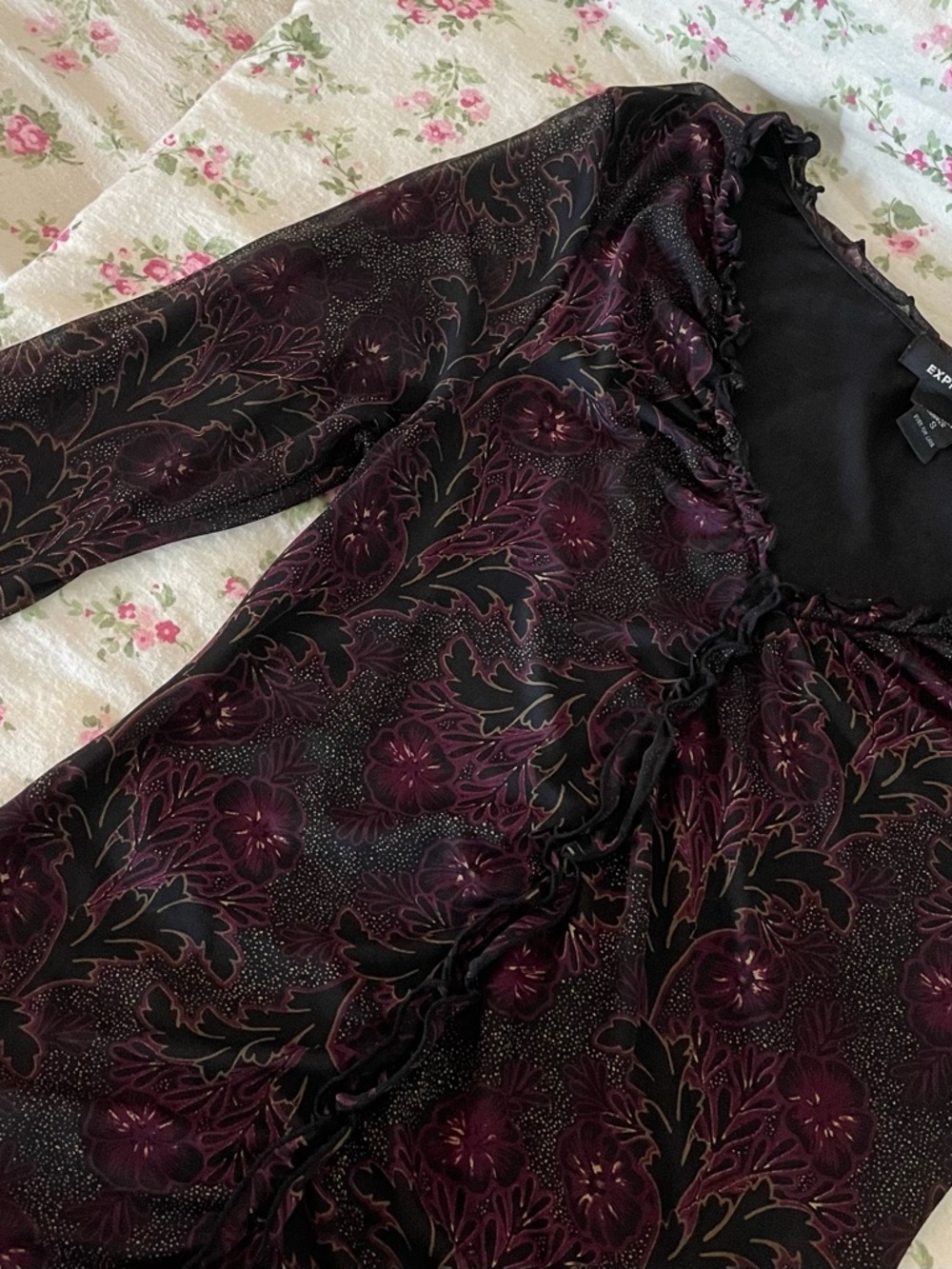 Black Long Sleeve Top with Deep Plum Floral Sheen